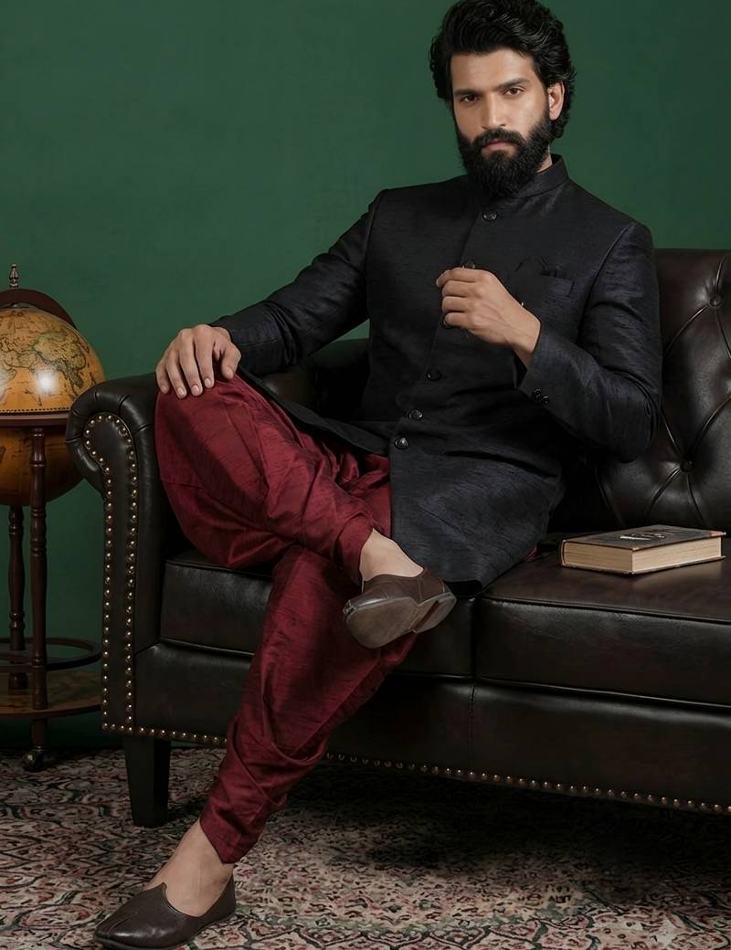 Black dupion silk indo western kurta set