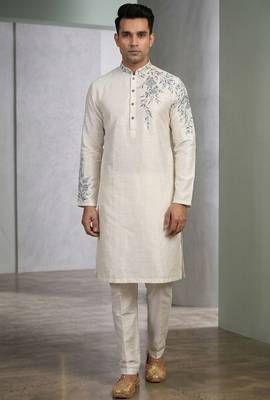 White embroidered dupion silk kurta set 1