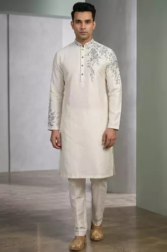 White embroidered dupion silk kurta set