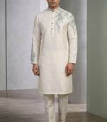White embroidered dupion silk kurta set