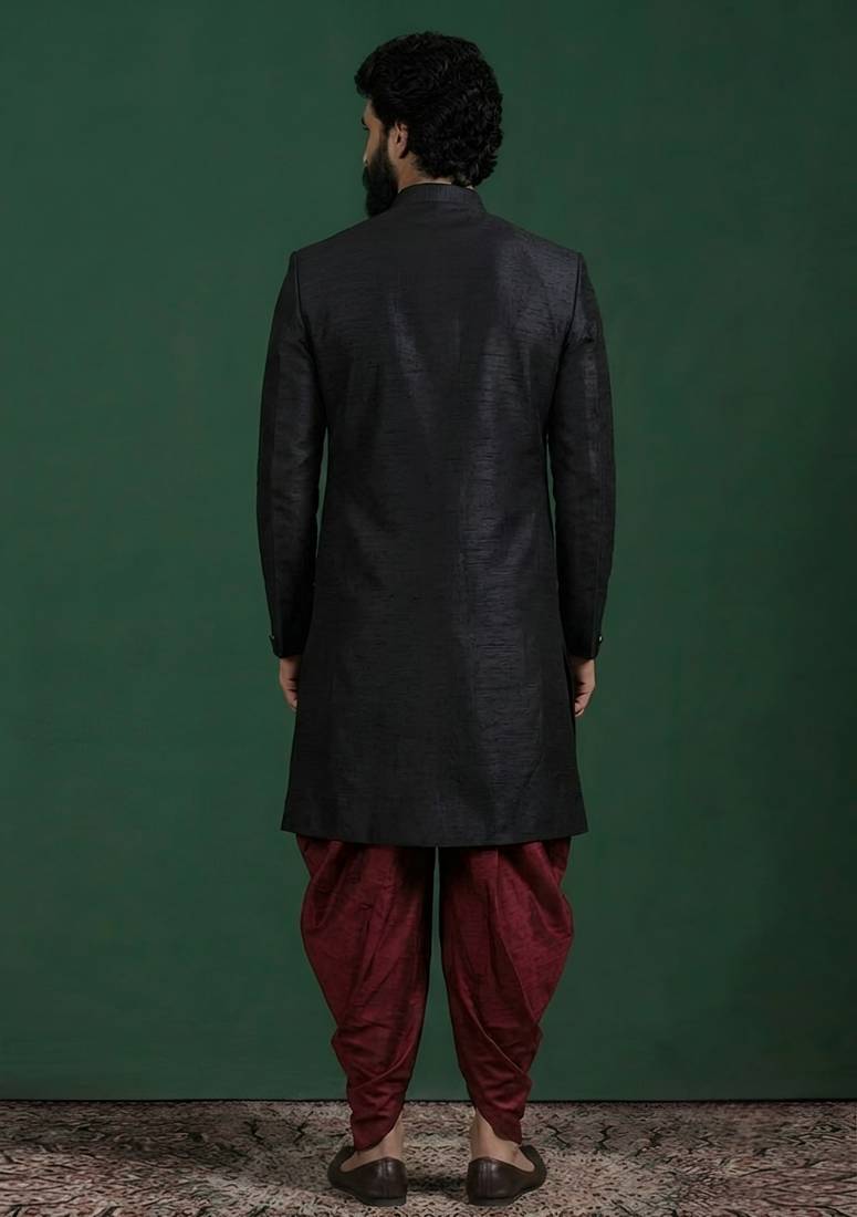 Black dupion silk indo western kurta set