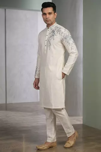 White embroidered dupion silk kurta set