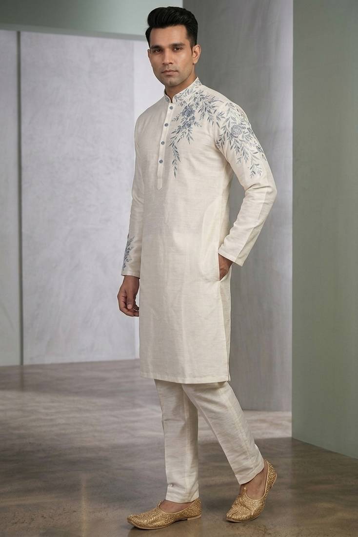 White embroidered dupion silk kurta set