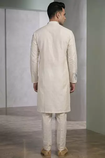 White embroidered dupion silk kurta set