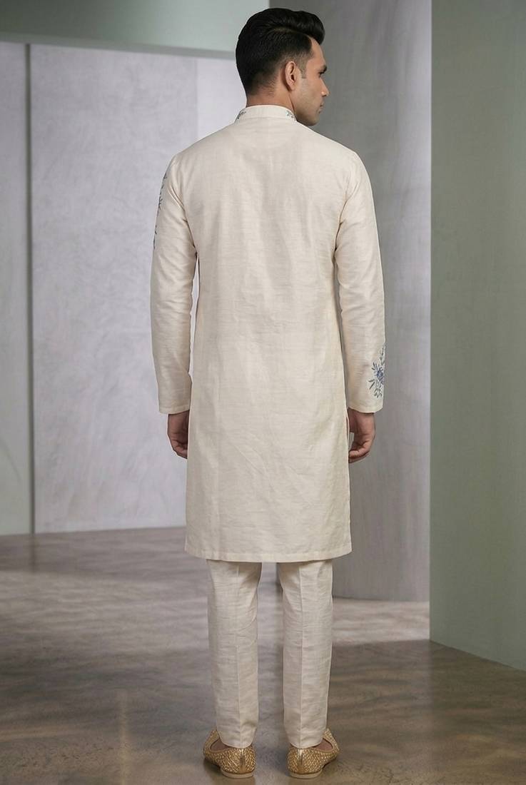 White embroidered dupion silk kurta set