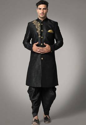 Black embroidered dupion silk kurta set 1