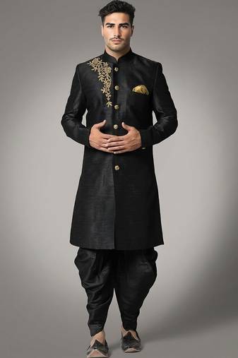 Black embroidered dupion silk kurta set