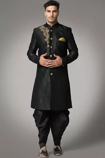 Black embroidered dupion silk kurta set
