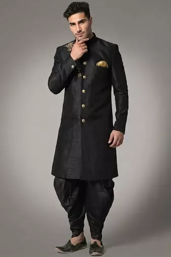 Black embroidered dupion silk kurta set