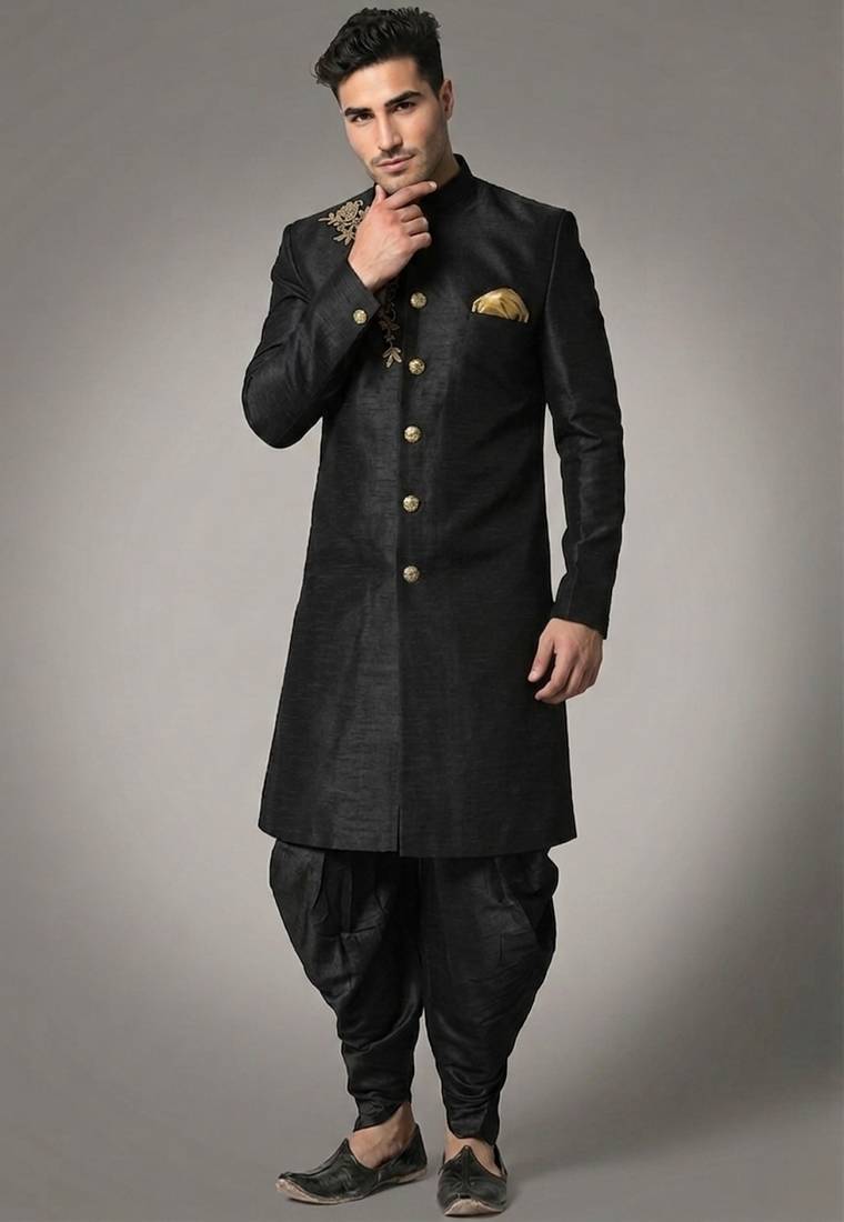 Black embroidered dupion silk kurta set