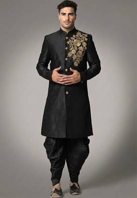 Black embroidered dupion silk kurta set 1