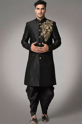 Black embroidered dupion silk kurta set