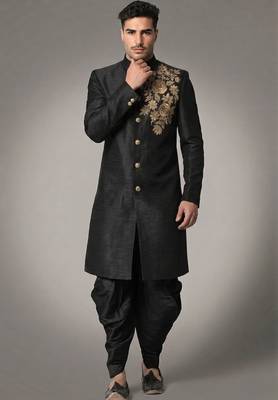 Black embroidered dupion silk kurta set 2