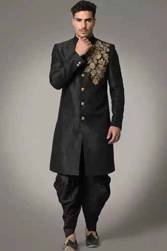 Black embroidered dupion silk kurta set