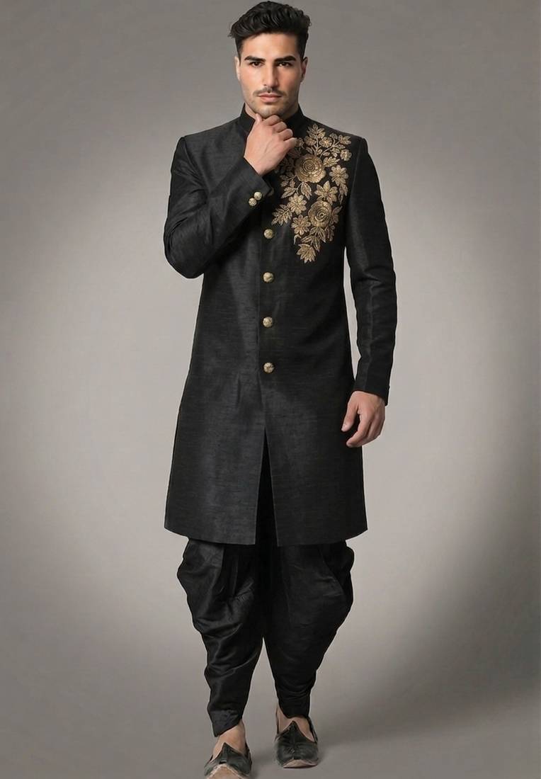 Black embroidered dupion silk kurta set