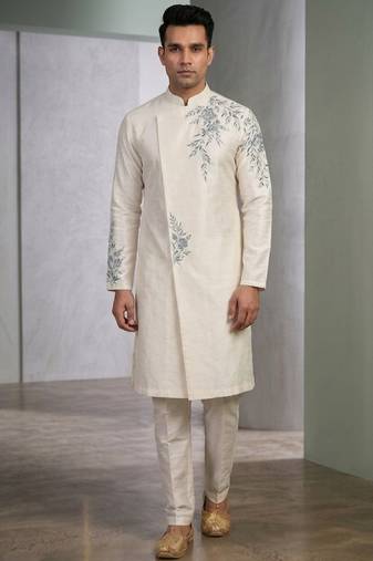 White embroidered dupion silk kurta set
