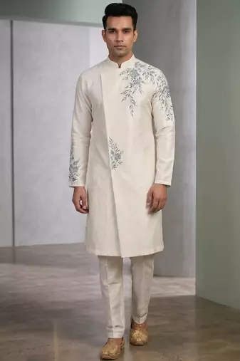 White embroidered dupion silk kurta set