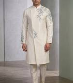 White embroidered dupion silk kurta set