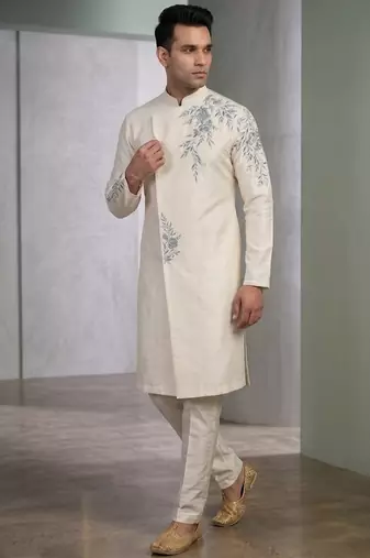 White embroidered dupion silk kurta set