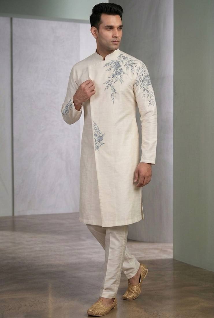 White embroidered dupion silk kurta set
