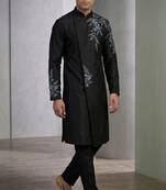 Black embroidered dupion silk kurta set