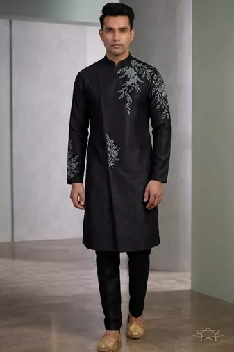 Black embroidered dupion silk kurta set