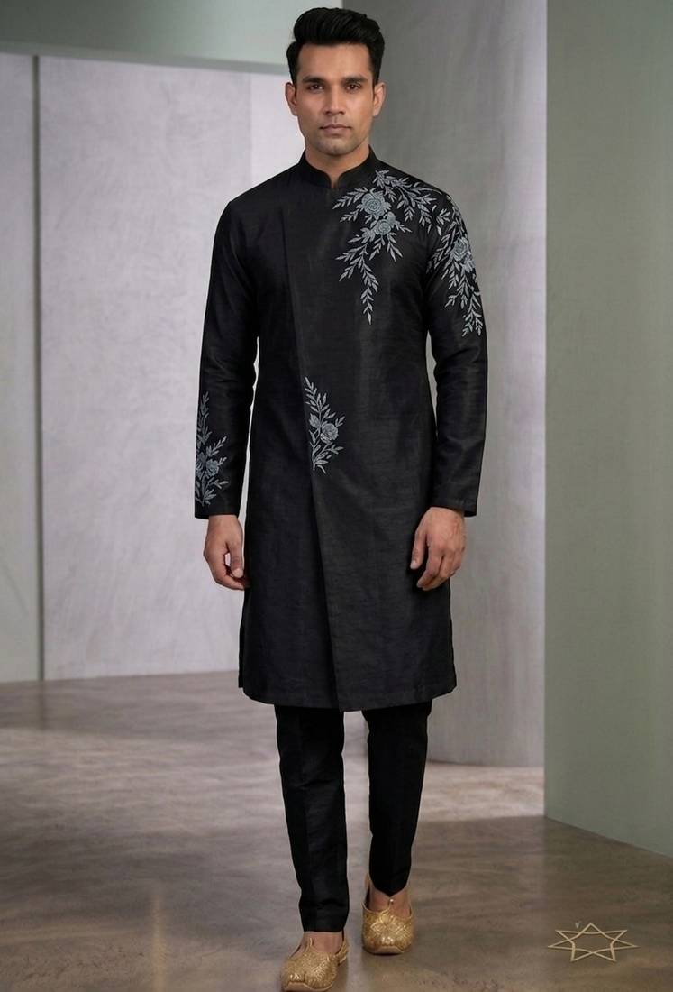 Black embroidered dupion silk kurta set