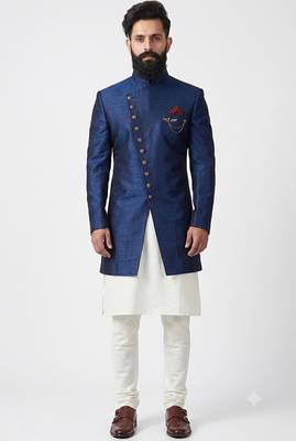 Blue dupion silk indo western kurta set 1