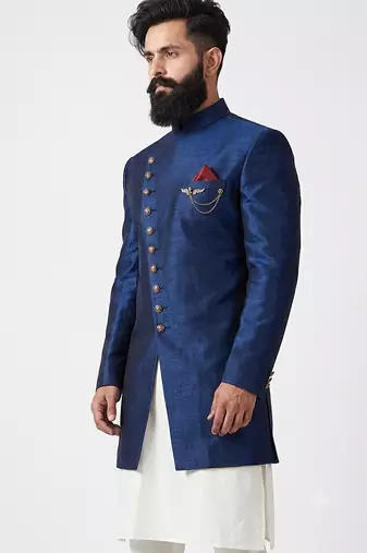 Blue dupion silk indo western kurta set