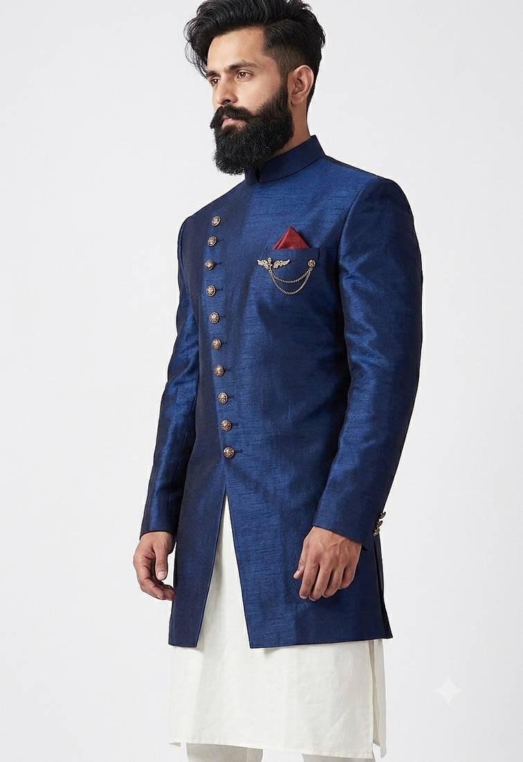 Blue dupion silk indo western kurta set