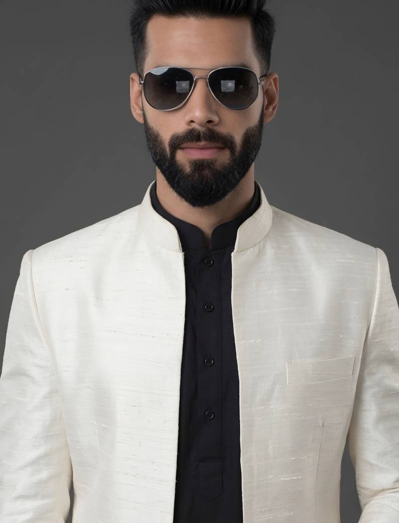 Black and white  dupion silk kurta set