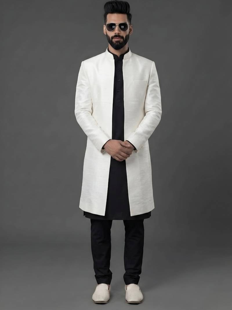 Black and white  dupion silk kurta set