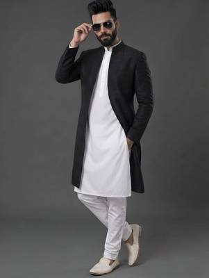 White and black  dupion silk kurta set 1