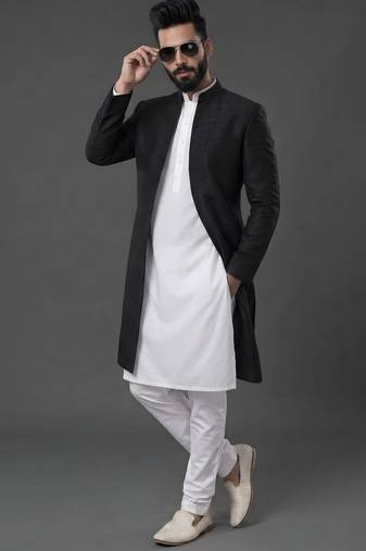 White and black  dupion silk kurta set