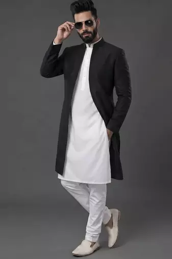 White and black  dupion silk kurta set