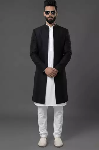 White and black  dupion silk kurta set