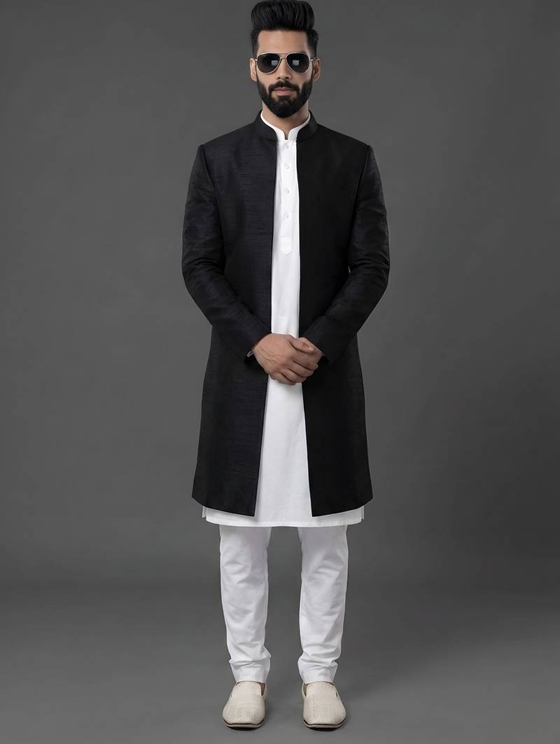 White and black  dupion silk kurta set