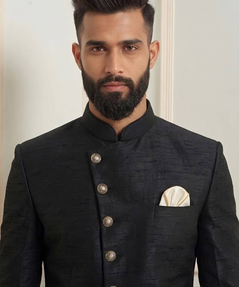 Black dupion silk indo western kurta set