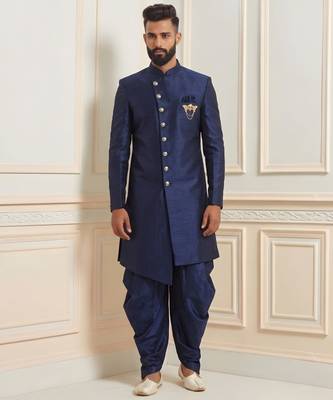 Blue dupion silk indo western kurta set 1