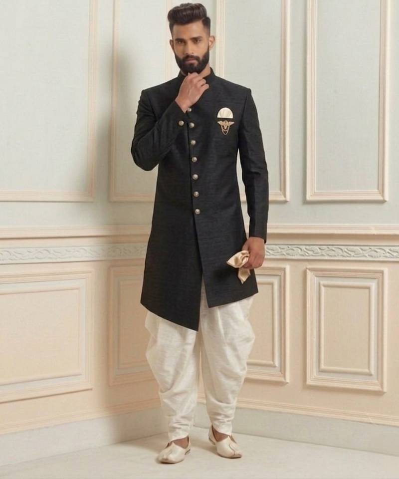 Black dupion silk indo western kurta set