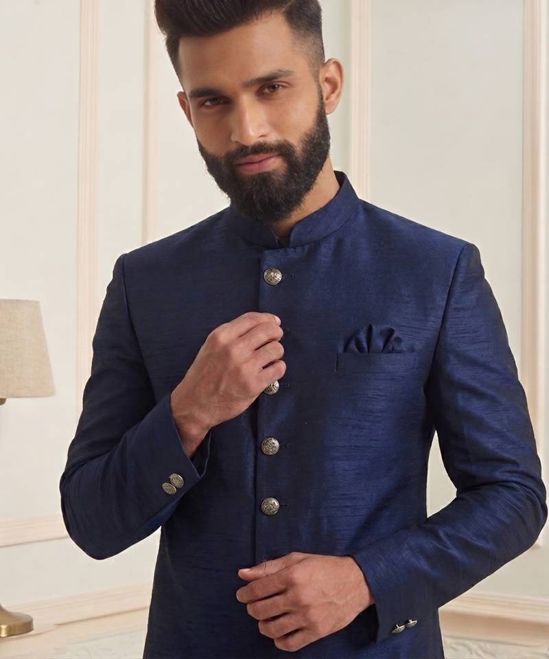 Blue dupion silk indo western kurta set