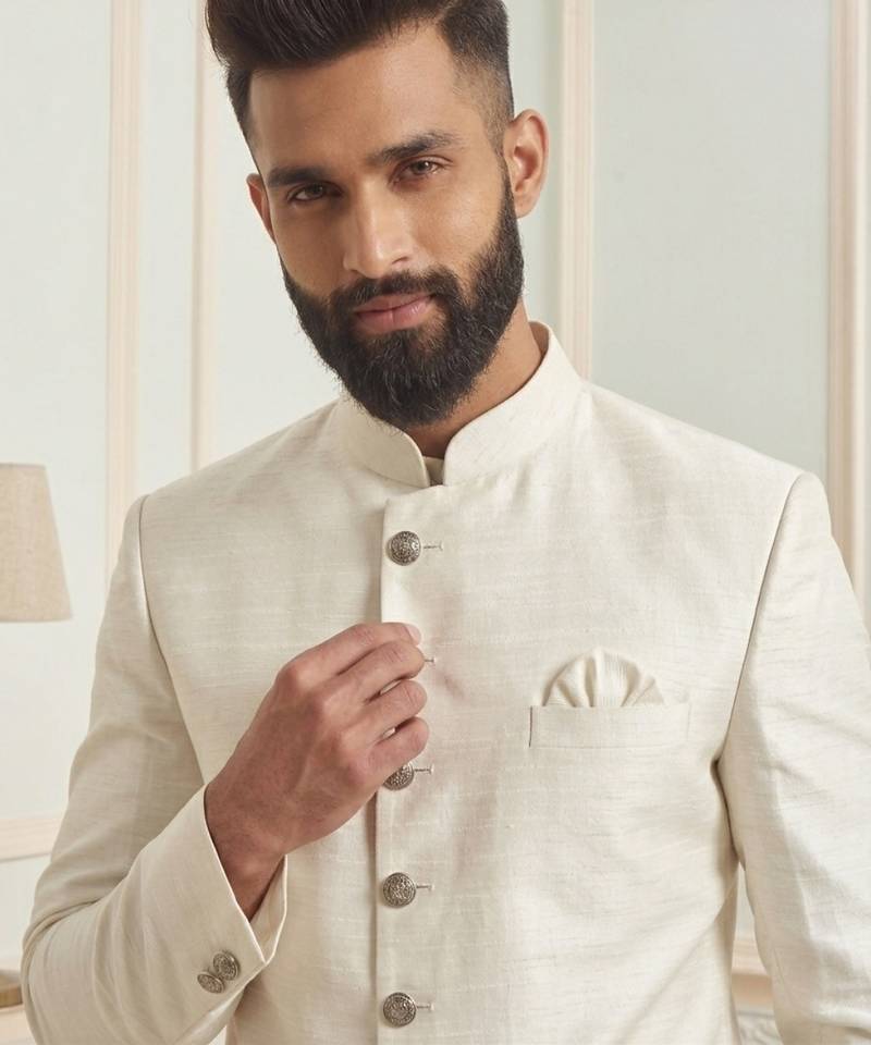 White dupion silk indo western kurta set