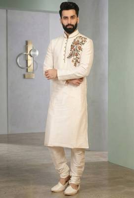 Cream embroidered dupion silk kurta set 1