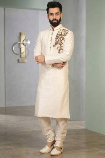 Cream embroidered dupion silk kurta set