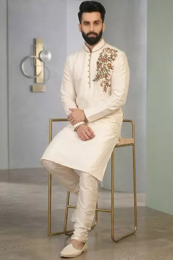 Cream embroidered dupion silk kurta set