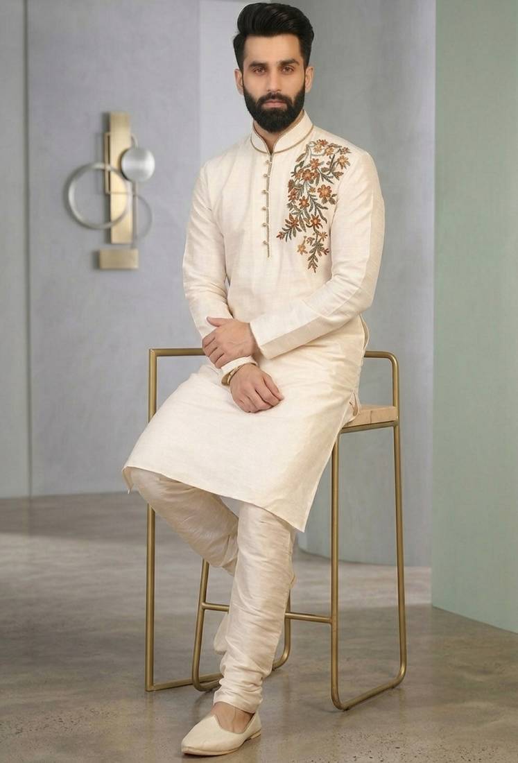 Cream embroidered dupion silk kurta set