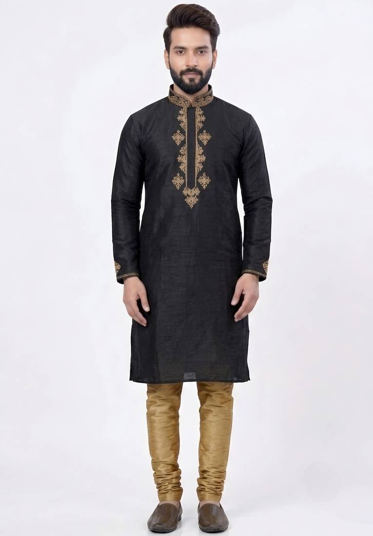 Black embroidered dupion silk kurta set