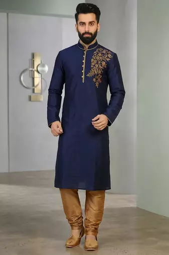 Blue embroidered dupion silk kurta set