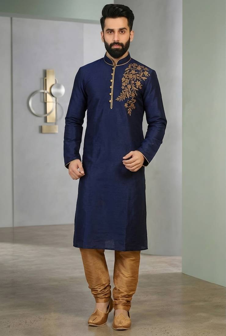 Blue embroidered dupion silk kurta set