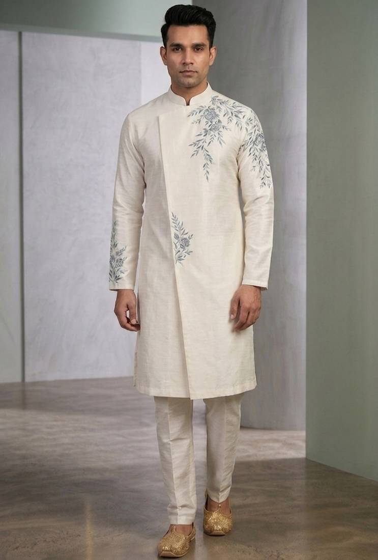 White embroidered dupion silk kurta set